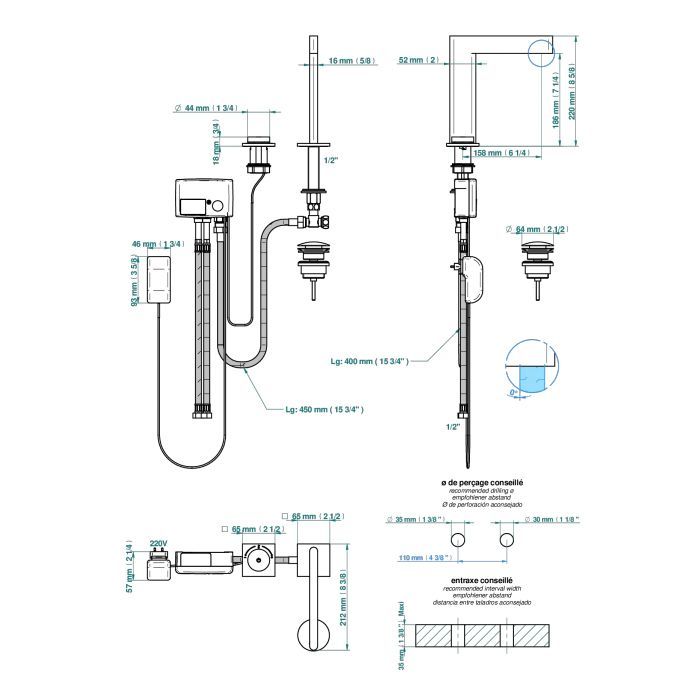 THG ICON-X CARBONE GOLD A MANETTES Смеситель для раковины электронный, на 2 отверстия, с донным клапаном, цвет полированное золото