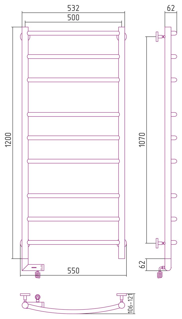 Полотенцесушитель электрический "ГАЛАНТ 2.0" 1200х500 / МЭМ левый (Матовый Белый)