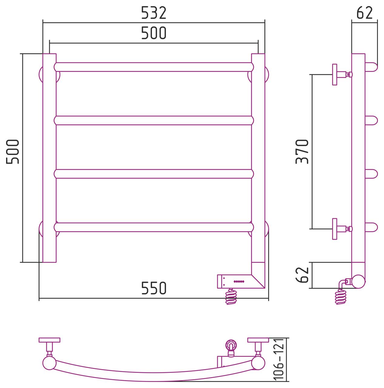 Полотенцесушитель электрический "ГАЛАНТ 2.0" 500х500 / МЭМ правый (Матовый Белый)