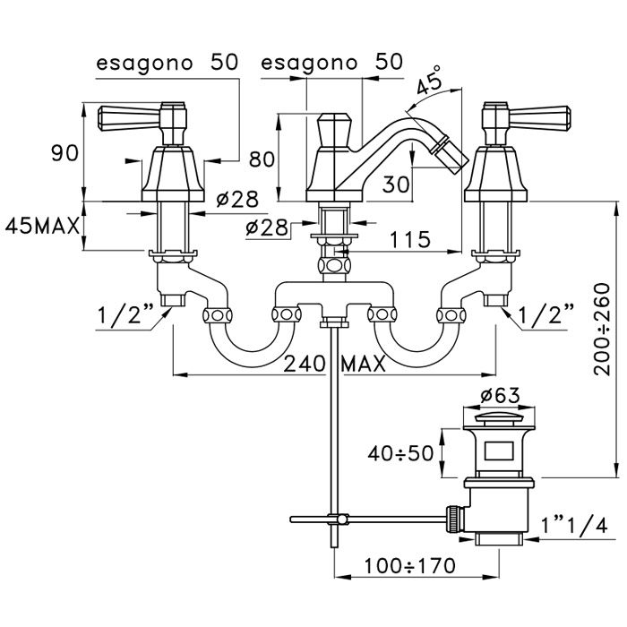 Stella Eccelsa Leve Смеситель для биде на 3 отверстия 3601, с донным клапаном, цвет: хром