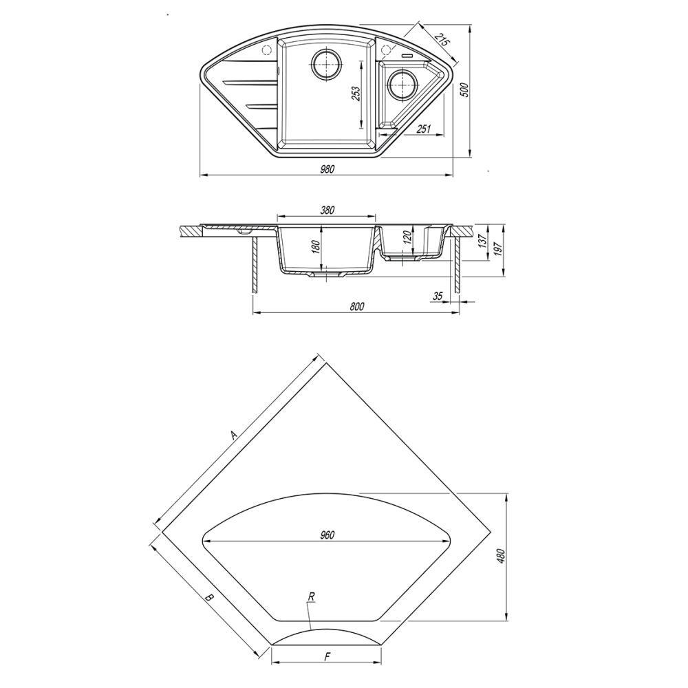 Кухонная мойка Lemark IRKANA 980 врезная угловая с доп. чашей и крылом из кварцгранита цвет: Серый шёлк (9910047), артикул 9910047