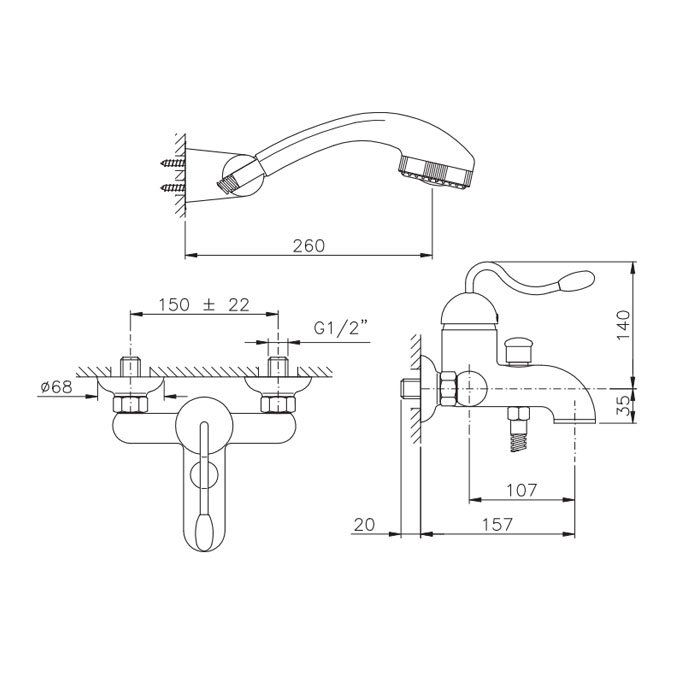 Nicolazzi Signal Смеситель для ванны, однорычажный, настенный, с душем, цвет: золото