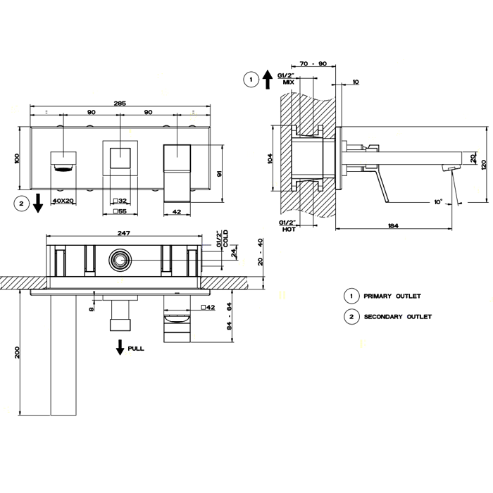 Gessi Rettangolo K Встраиваемый смеситель с изливом и переключателем PULL(внешние части), цвет: хром