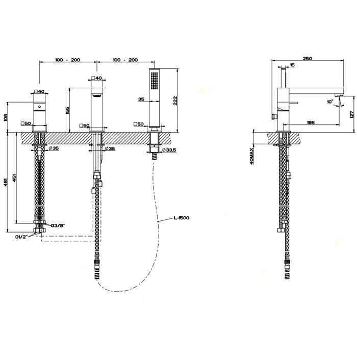 Gessi Rettangolo Смеситель для ванны на 3 отверстия, с переключателем, изливом 195мм и ручным душем, цвет: хром