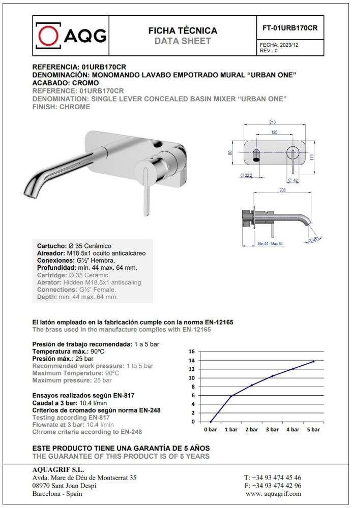 AQG Urban One, встраиваемый в стену однорычажный смеситель для раковины, цвет хром