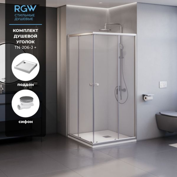 Комплект: Душевой уголок квадратный, раздвижной с угла - TN-206-J + Душевой поддон RGW SMC-C-088W