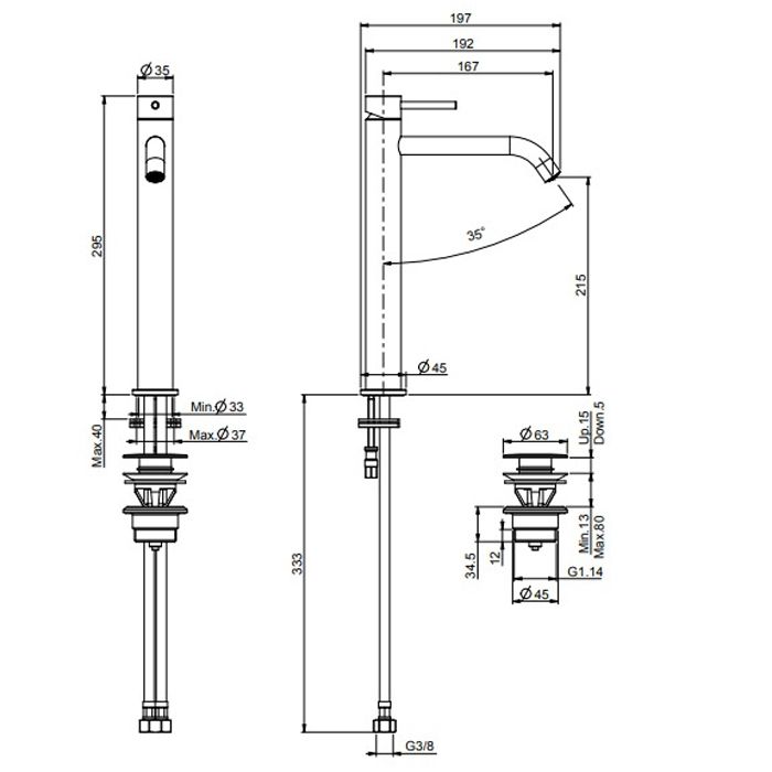 Смеситель для раковины, Fima Carlo Frattini, Spillo Up, тип открывания воды-однорычажный, монтаж-на раковину/столешницу, отверстия для монтажа-1, высота, мм-295, вынос излива, мм-167, донный клапан-есть, тип подводки-гибкий, стандарт подвода воды-3/8", цв
