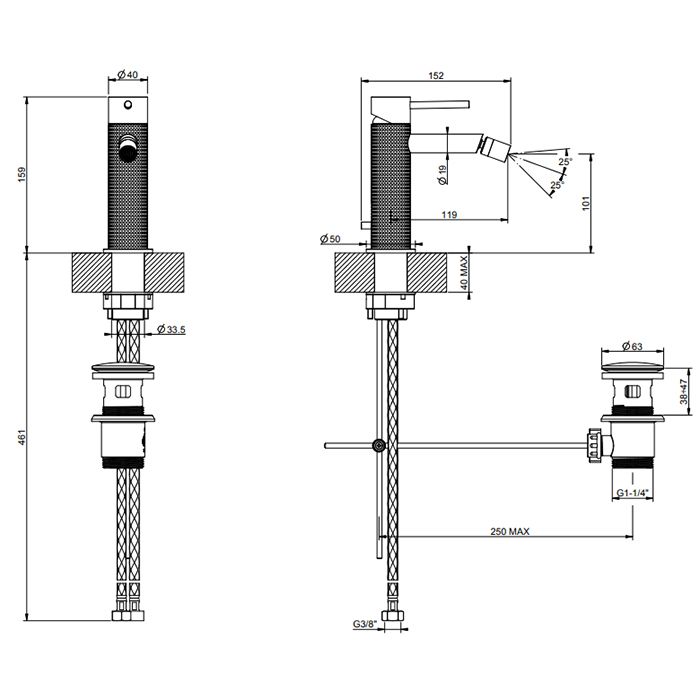 GESSI 316 Смеситель для биде на 1 отверстие, с донным клапаном, излив 118мм, цвет: brushed black metal pvd