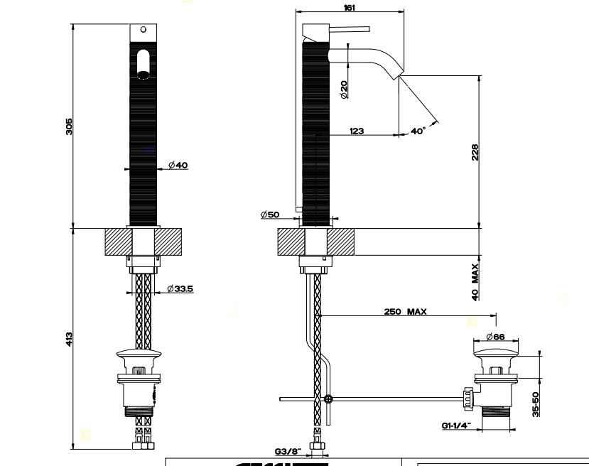 GESSI 316 Смеситель для раковины на 1 отверстие, высокий, h=305мм, с донным клапаном, излив 123мм, цвет: steel brushed