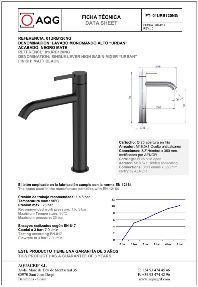 AQG Urban, высокий однорычажный смеситель для раковины без донного клапана, цвет черный матовый, артикул 01URB120NG