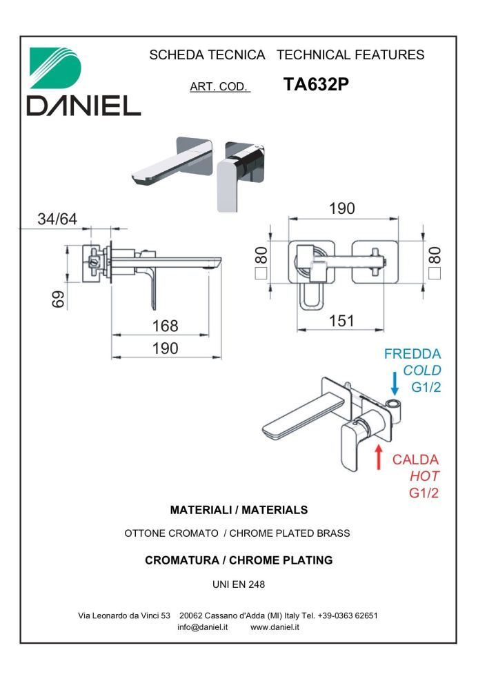 Daniel Tiara, встраиваемый в стену однорычажный смеситель для раковины (излив 16,8 см), цвет бронза, артикул TA632P-63