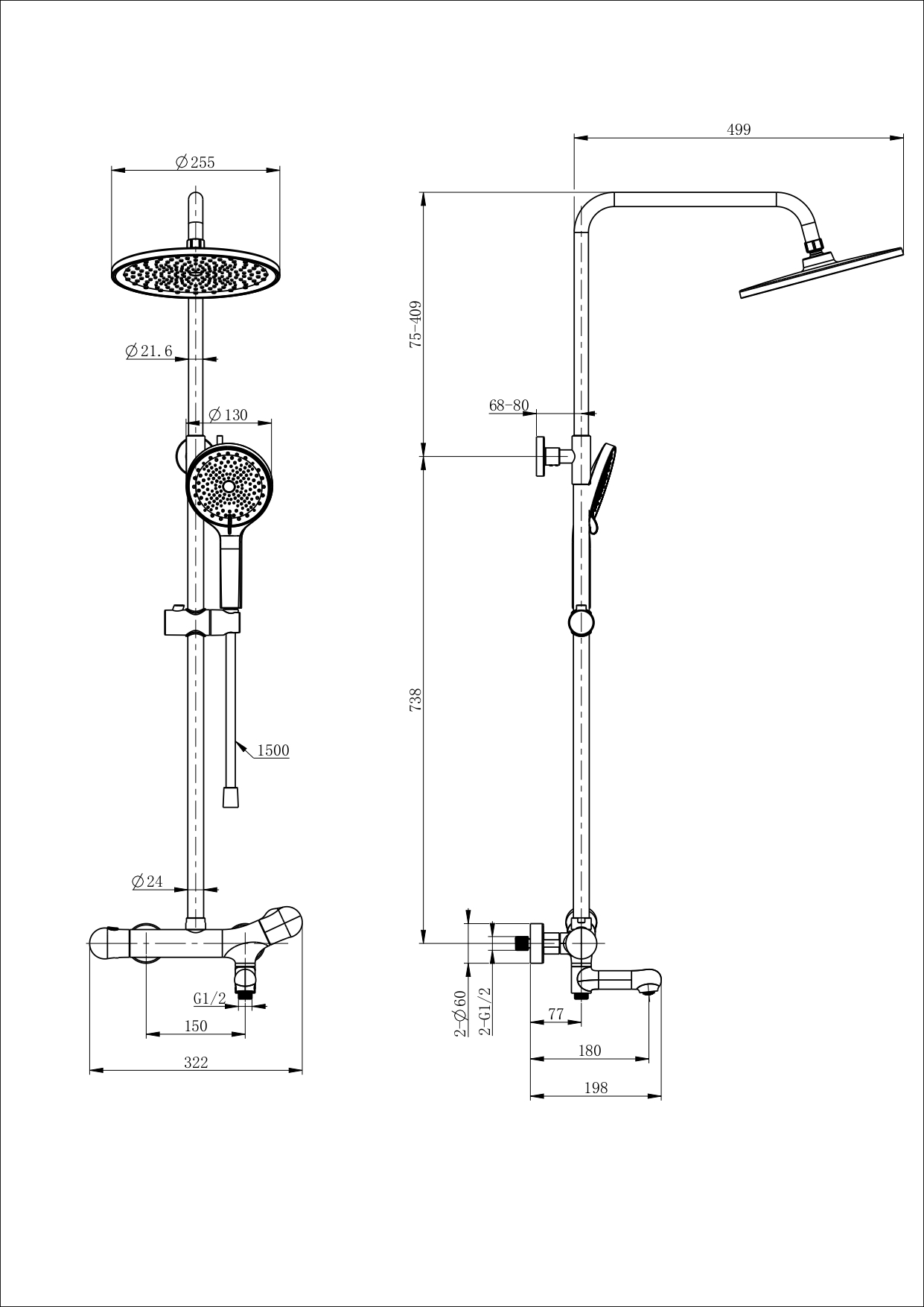 Душевая система с термостатом WONZON & WOGHAND T-1000, Хром (WW-B3057-A-CR)