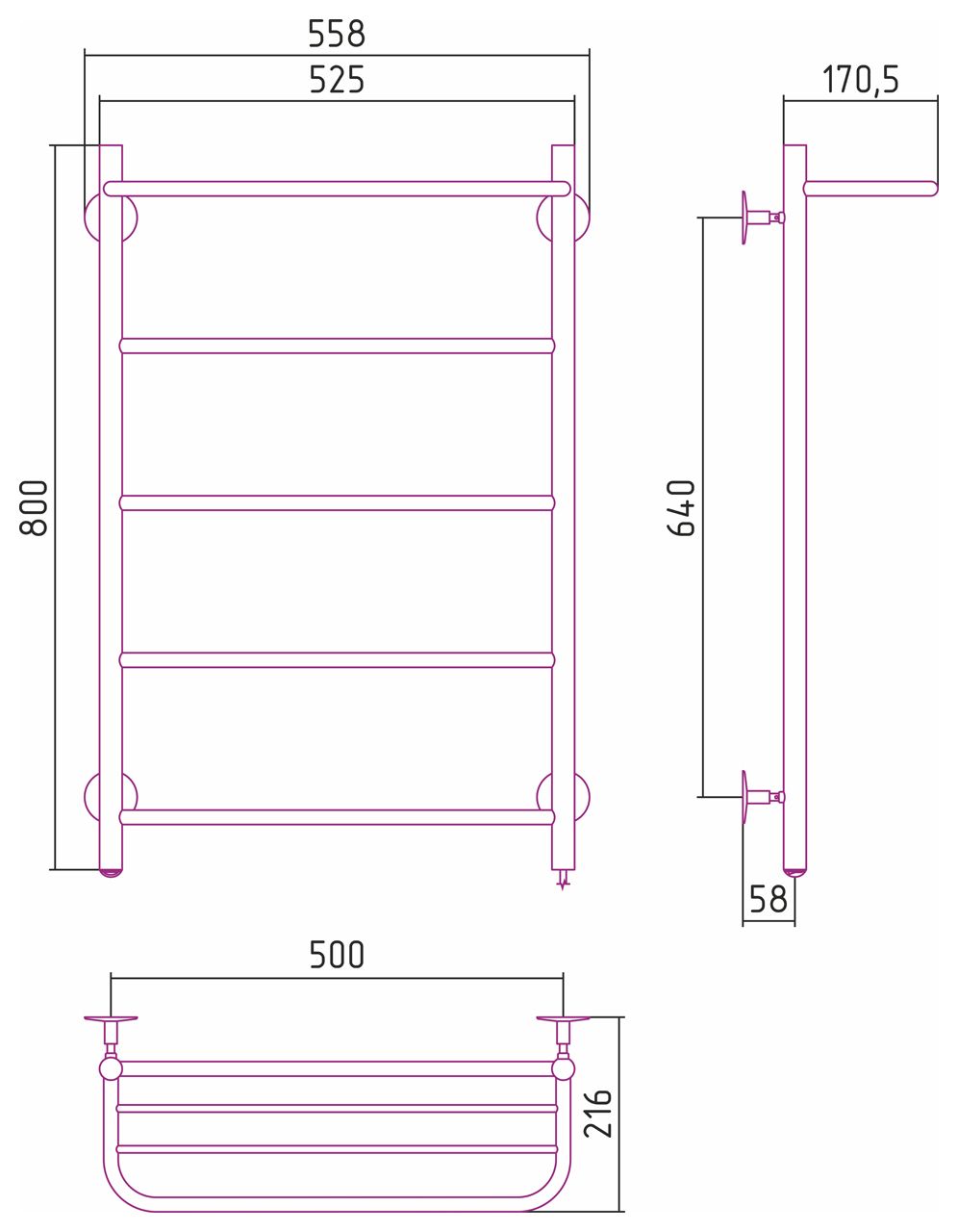 Электрический полотенцесушитель СТИЛЬЕ "Формат 30 П" 800х500 (Полка + 4) П16 (Без покрытия)