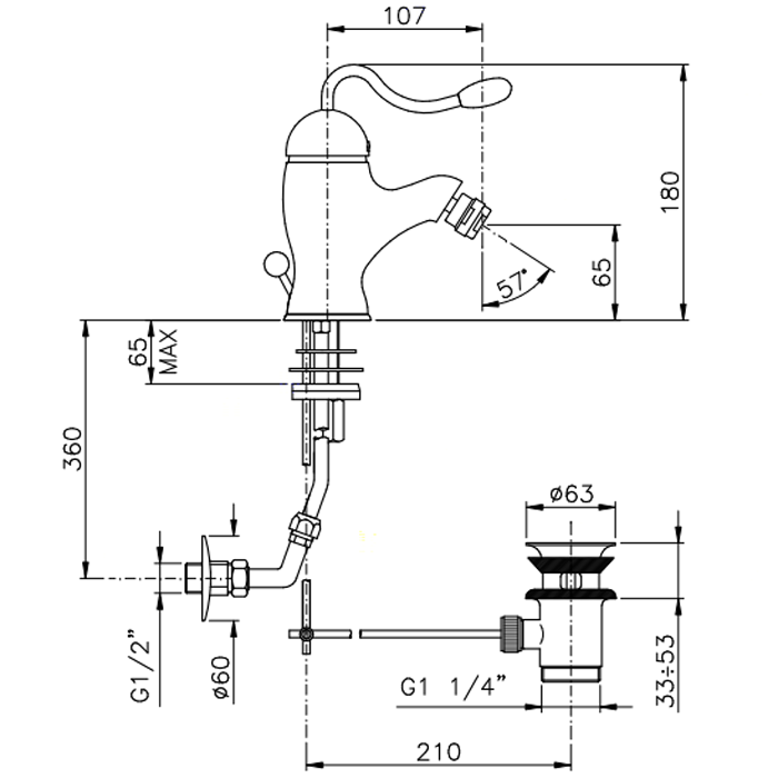 Nicolazzi Signal Смеситель для биде, на 1 отв, с донным клапаном, излив: 107 мм, цвет: хром