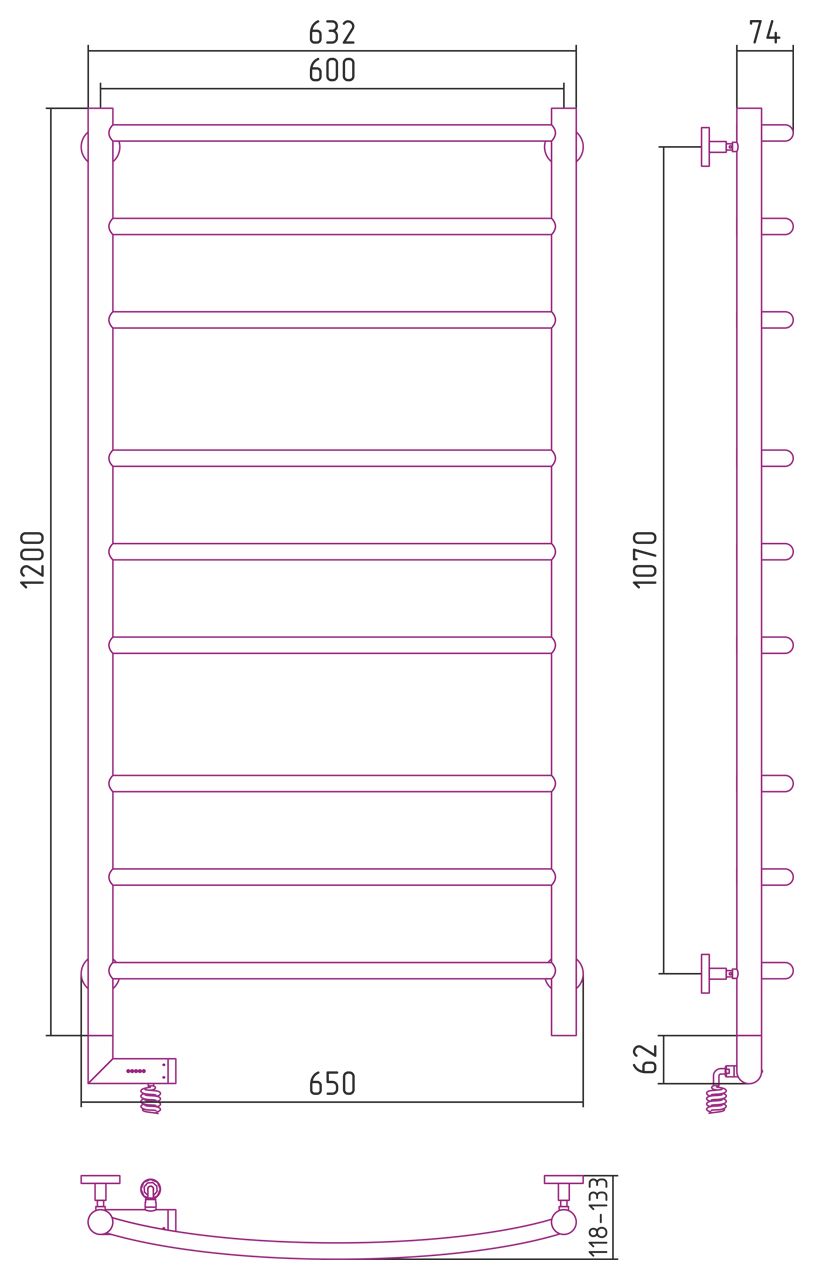 Полотенцесушитель электрический "ГАЛАНТ 2.0" 1200х600 / МЭМ левый (Матовый Чёрный)