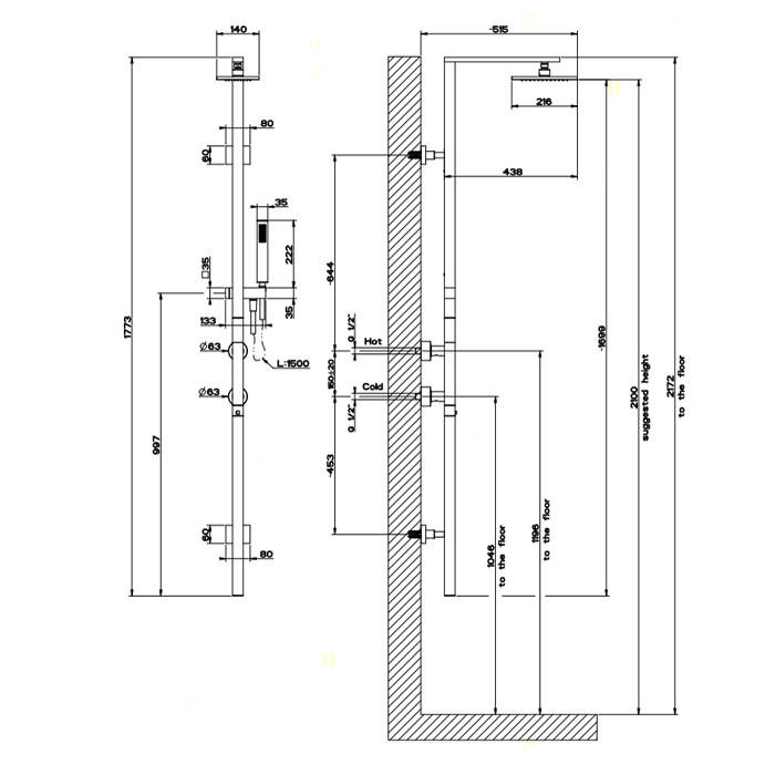 Gessi Rettangolo Термостатический смеситель с верхним душем, авт.переключателем ванна/душ, лейкой и шлангом 1,5м, высота 1774мм, цвет: хром