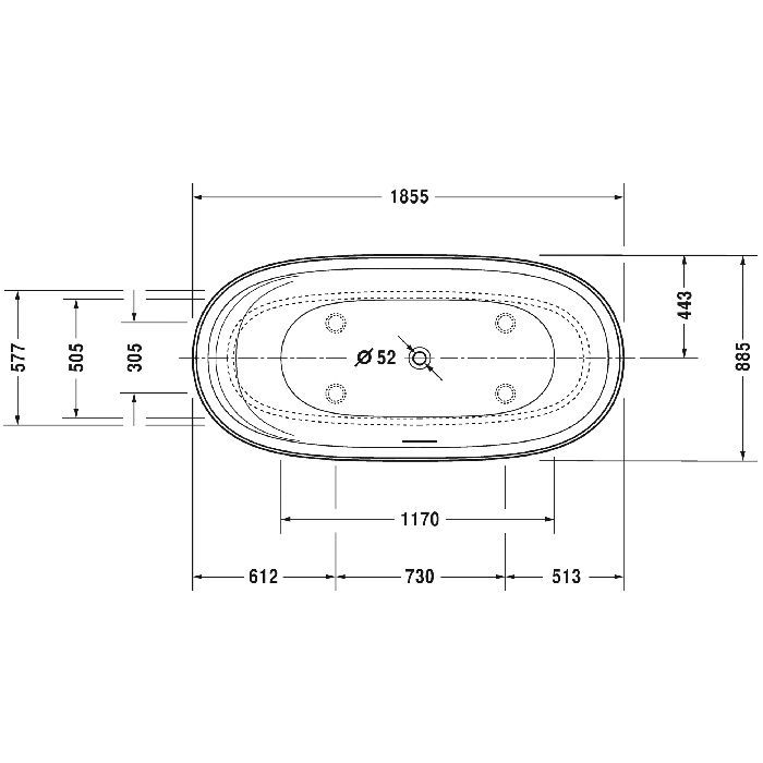 Duravit Cape Cod Ванна 1855х885 мм, отдельностоящая с бесшовной панелью и ножками с одним наклоном для спины со спец. сливом и перел. DURA SOLID A