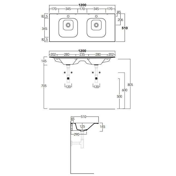 SIMAS WAVE Раковина двойная на столешницу  120x50xh14,5 см, по 1 отв под смеситель на раковину ,цвет белый
