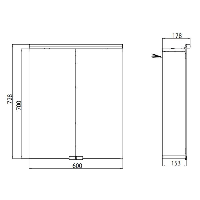 EMCO Pure Зеркальный шкаф алюминиевый 600 мм., LED-подсветка, 2 двери, 2 полки, розетка, без нижней подсветки