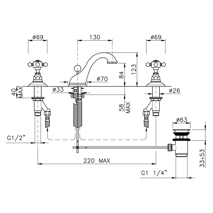 Nicolazzi Half Dome Crystal Смеситель для раковины  с автоматическим сливом на 3 отверстия, излив: 130 мм, цвет: хром