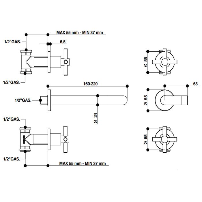 Bongio T Cross Смеситель встраиваемый на 3 отв для раковины, излив 220 мм, цвет хром (без встраиваемой части 09767) Bongio T Cross Смеситель встраиваемый на 3 отв для раковины, излив 220 мм, цвет хром (без встраиваемой части 09767)