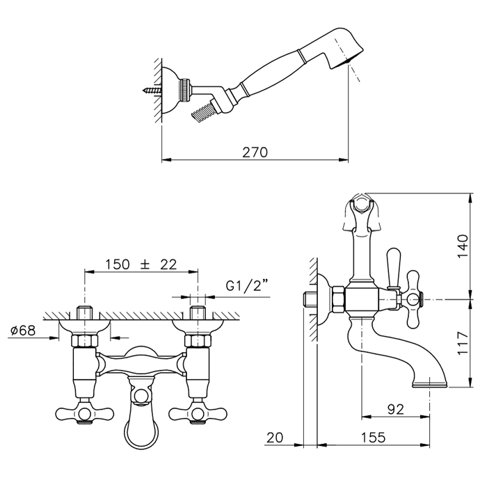 Nicolazzi Nuova Brenta Смеситель для ванны с 2мя ручками, настенный, с душевой лейкой, цвет: хром