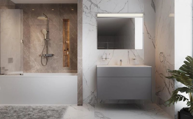 Комплект мебели для ванной AM.PM Inspire V2.0 100 UK50SD подвесной Серый матовый со смесителем с унитазом с инсталляцией с акриловой ванной на каркасе с душевой шторкой и душевой системой и аксессуарами Комплект мебели для ванной AM.PM Inspire V2.0 100 UK50SD подвесной Серый матовый со смесителем с унитазом с инсталляцией с акриловой ванной на каркасе с душевой шторкой и душевой системой и аксессуарами