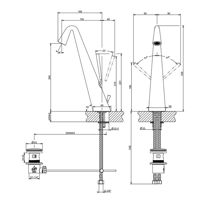 Gessi Cono Смеситель для раковины высокий с донным клапаном на 1 1/4”, соединительные шланги на 3/8, цвет Copper PVD