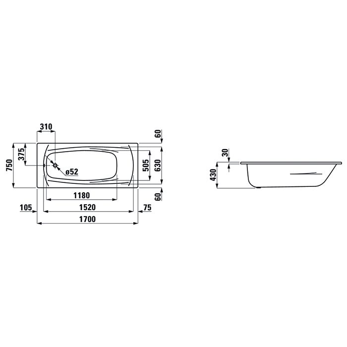 Laufen PALADIUM Стальная ванна (3,5мм) встр.1700x750 мм, шумоиз-я, с отв. для ручек, с антискольз. покрытием, белый