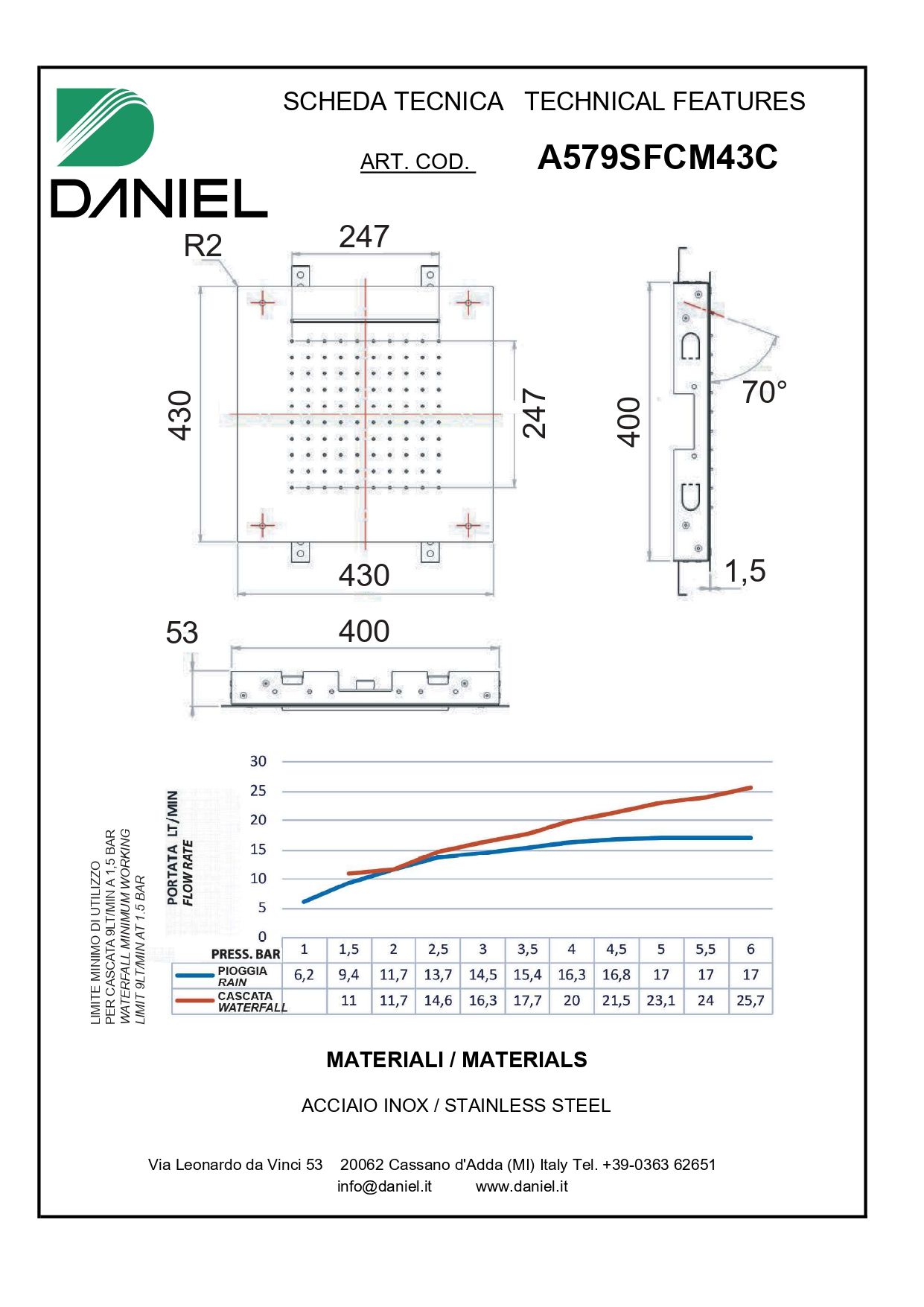 Daniel, квадратная потолочная душевая головка антикальк 43х43 см, 2 режима: дождь и каскад, цвет хром