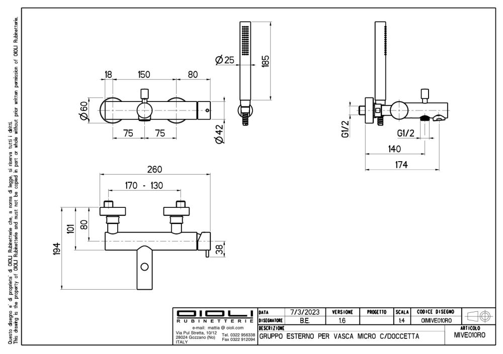 Oioli Micro, однорычажный смеситель для ванны (излив 17.4 см), с набором для душа, цвет хром, артикул MIVE010RO/C00