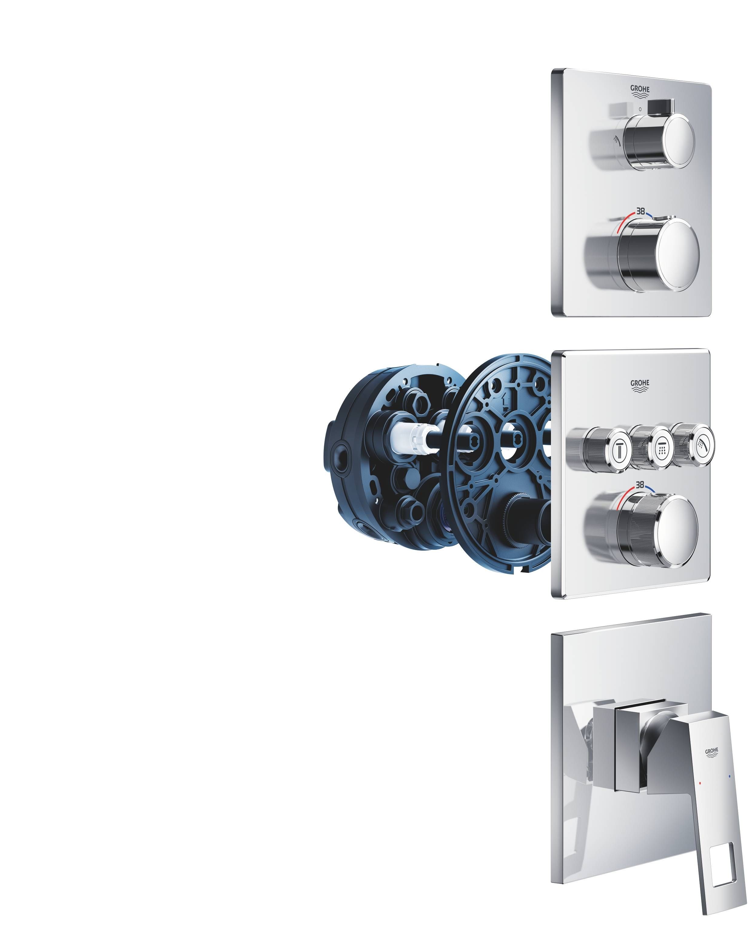 Термостатический смеситель для душа GROHE Grohtherm с переключателем на 2 положения верхний-ручной душ, внешняя часть, квадратная розетка, хром (24079000) Термостатический смеситель для душа GROHE Grohtherm с переключателем на 2 положения верхний-ручной душ, внешняя часть, квадратная розетка, хром (24079000)