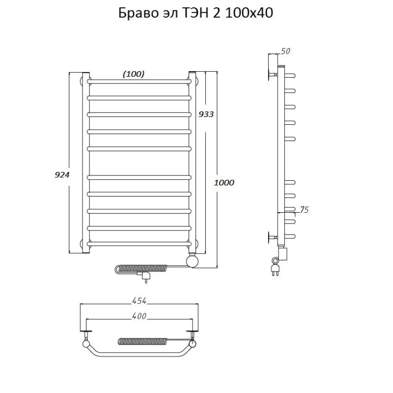 Электрический полотенцесушитель Тругор Браво 2 элТЭН 100x40 Хром