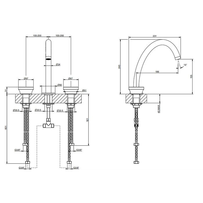 GESSI Origini Смеситель для раковины на 3 отв, без донного клапапна, в компл с отд вставкой, цвет Copper Brushed PVD