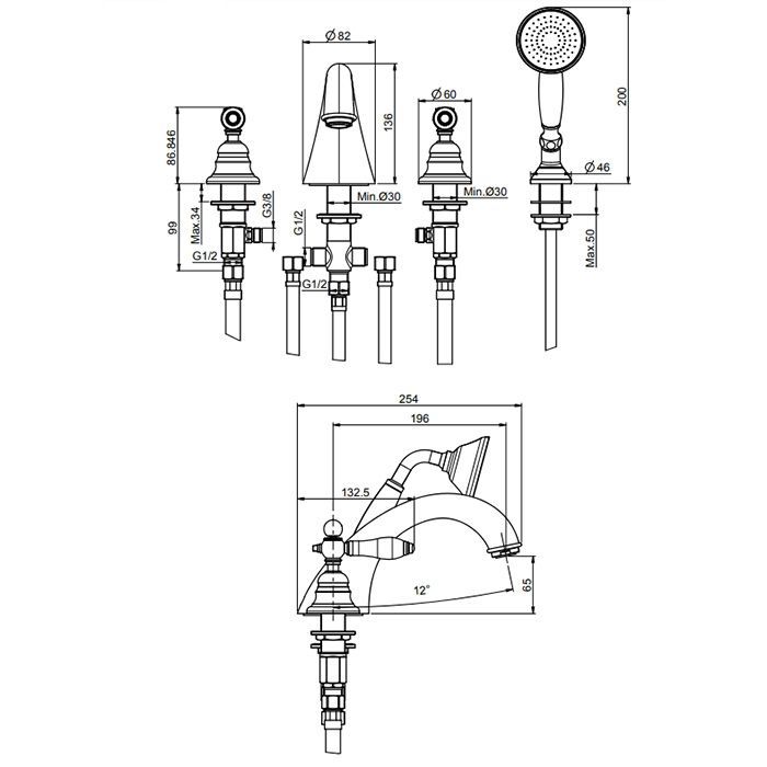 Fima Carlo Frattini Herend Смеситель на борт ванны, на 4 отв., с ручным душем, цвет: золото, артикул F5414OR