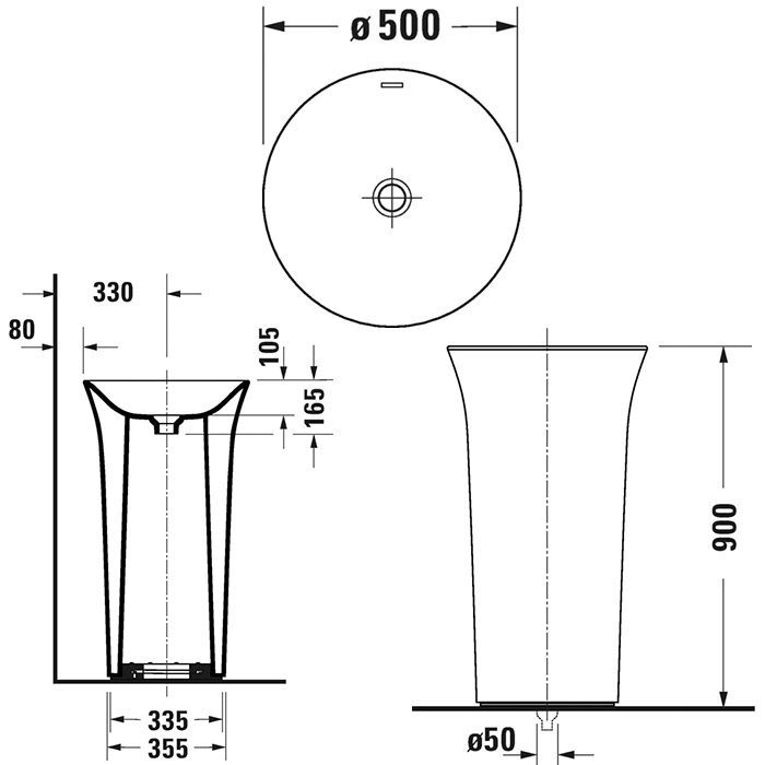 DURAVIT (White Tulip*) Раковина, объединенная с пьедесталом, Ø 500 мм, без отверстия под смеситель, отдельностоящая, с сифоном, белая