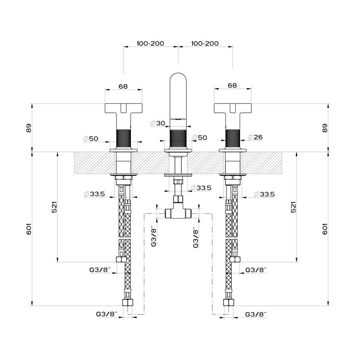 GESSI INCISO Смеситель для раковины на 3 отверстия без донного клапана, излив 140мм, h=145мм, цвет: nero XL