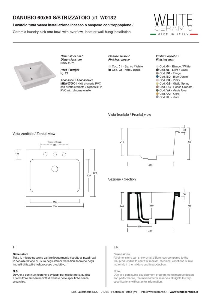 White Ceramic Danubio, постирочная/хозяйственная раковина 60x50x27h см, цвет белый глянцевый, артикул W013201