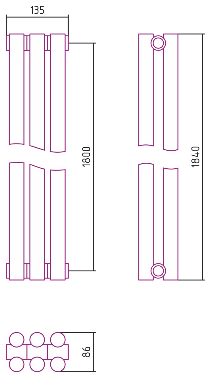Отопительный радиатор ЭСТЕТ-11 н/ж 1800х135 / 3 сек (Матовый ЧЁРНЫЙ)