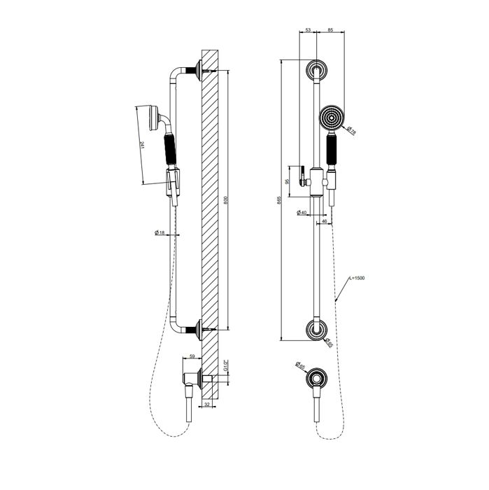 GESSI VENTI20 Штанга для душа 800 мм., с ручным душем, шлангом 1500 мм. и подводом воды, цвет Warm Bronze Br. PVD