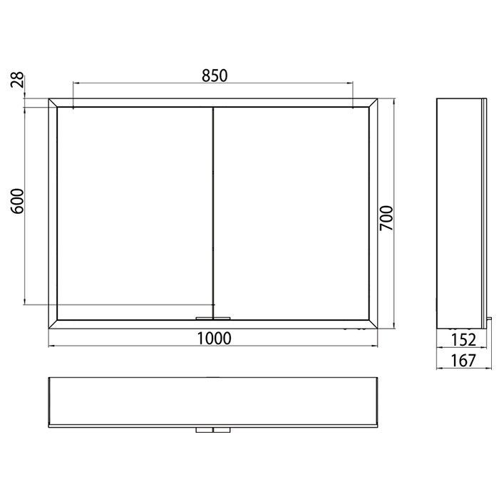 Emco Asis prime Зеркальный шкаф алюминиевый 1000х152хh700мм, навесной, 2 дверки, 2 стекл.полки LED-подсветка сенсорн., розетка, боковые панели зеркало