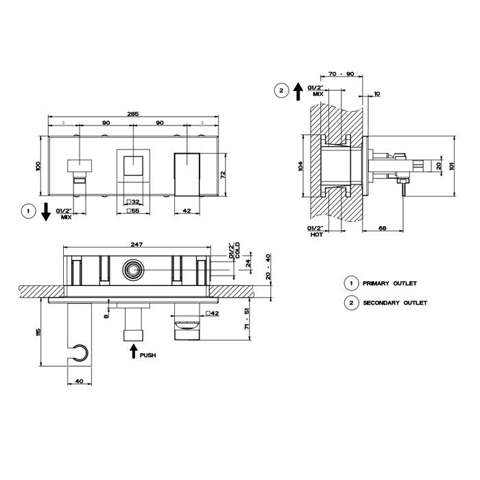 Gessi Rettangolo Встраиваемый смеситель на 2 позиции, подводом воды, держателем лейки и переключателем PUSH(внешние части), цвет: черный