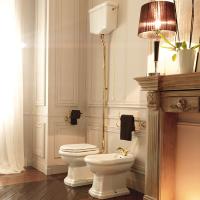 Kerasan Механизм слива NEW &quot;CATIS&quot; для высокого бачка с держателем, ручка белая (слева или справа), без трубы, цвет золото