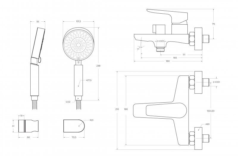 ANCONA Смеситель для ванны и душа в комплекте с ручным душем, шлангом и держателем, хром ANCONA-VAS/DFS-CRM, артикул ANCONA-VAS/DFS-CRM