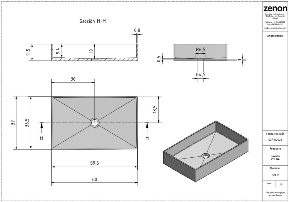 Zenon Volga, накладная раковина прямоугольной формы, 60х37х11,5 см, цвет белый матовый, артикул 4000.000.000.000.09372