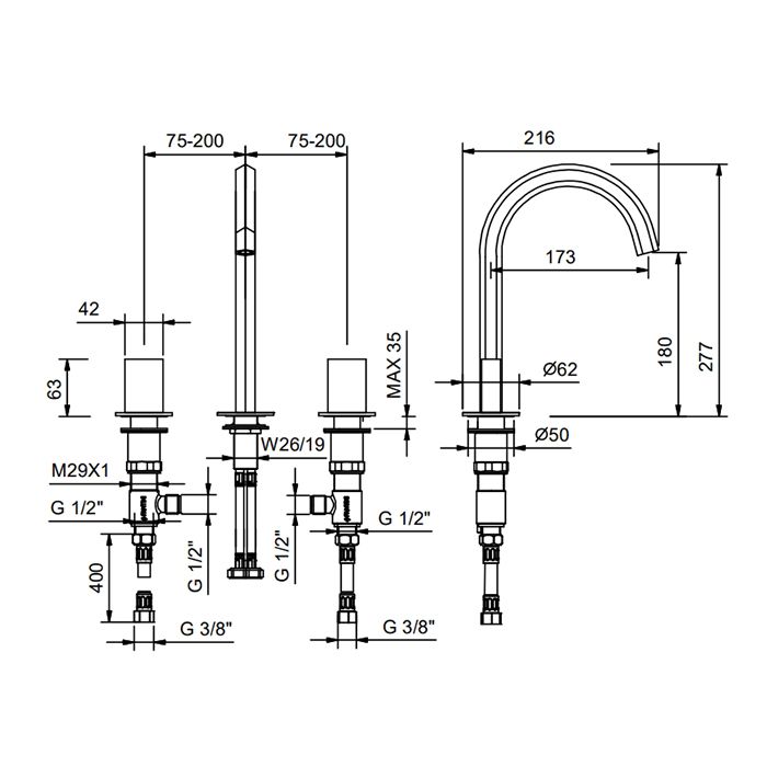 Fantini Venezia Смеситель для раковины, 3 отв., без донного клапана, излив 175мм, цвет: золото плюс