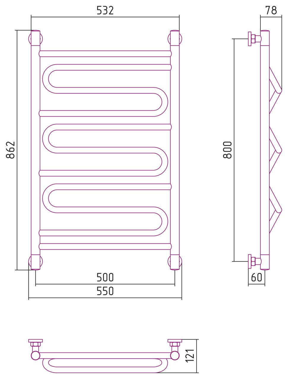 Полотенцесушитель водяной "ЭЛЕГИЯ+" 800х500 (Матовая Шампань)