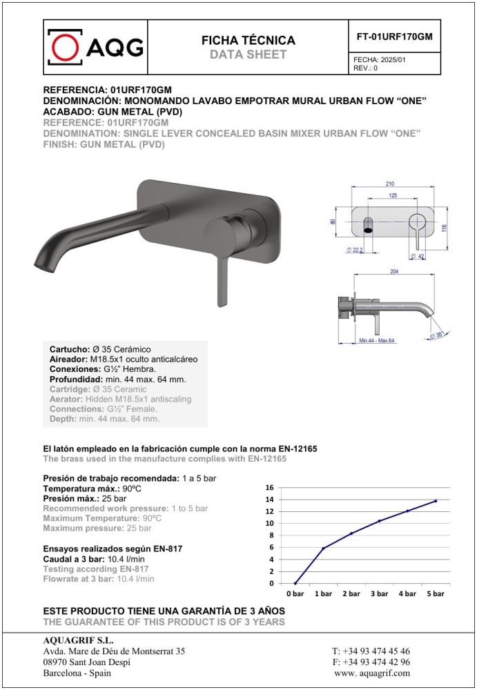 AQG Urban Flow One, встраиваемый в стену однорычажный смеситель для раковины, цвет оружейная сталь (PVD), артикул 01URF170GM