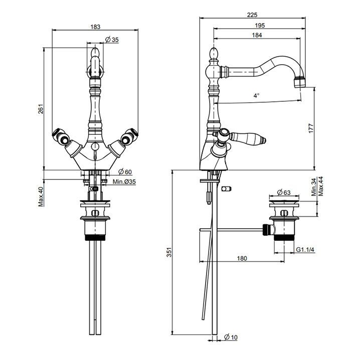 Fima Carlo Frattini Herend Cмеситель для раковины, на 1 отв., с донным клапаном, черные ручки, цвет: хром