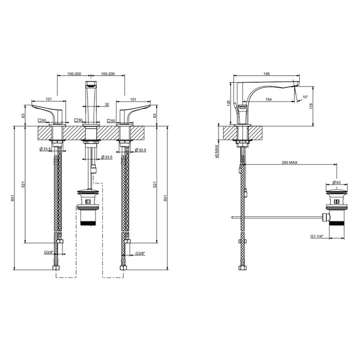 GESSI Rilievo Смеситель для раковины на 3 отв. с донным клапаном h=125мм, излив 154мм, цвет: хром